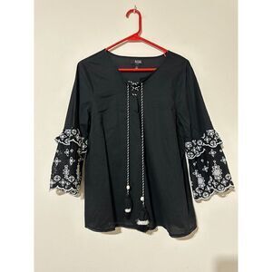 a.n.a New Approach Black Blouse Boho Embroidered Sleeves Size M